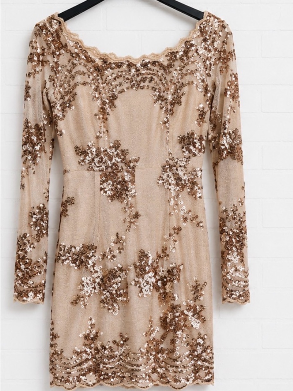 Hot Miami Styles Beige Sequin Floral Long-Sleeve Dress